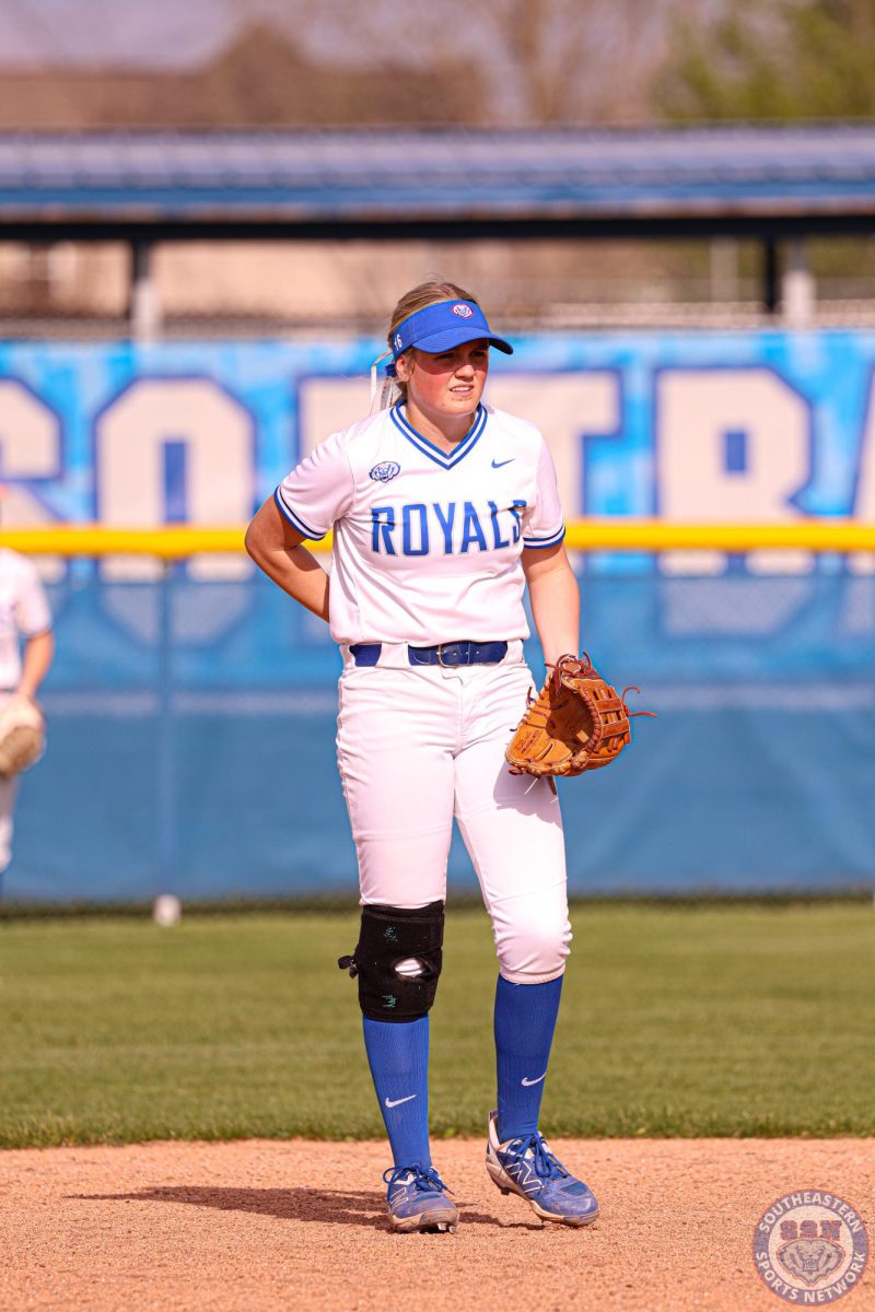 Sophia Feher getting ready for a play at 2nd base on April 24, 2025.