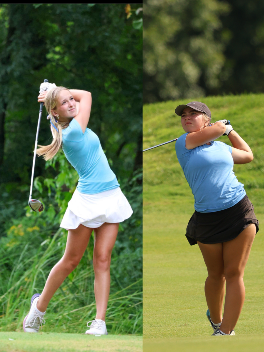 Maya Cieply and Sophie Roberts competing in separate golf matches during the 2025-2026 season.