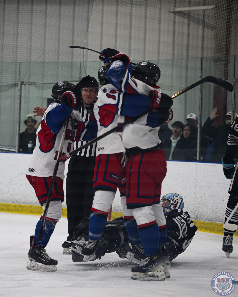 HSE Hockey A celebrating after scoring a goal against St. Joe on February 21 at Ice Box Skadium in South Bend, Indiana.